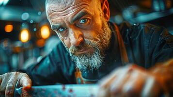 ai généré homme Coupe Viande sur gril photo