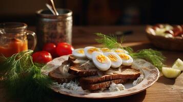 ai généré scandinave petit déjeuner hareng et seigle pain photo