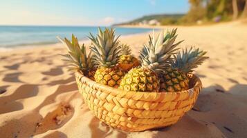 ai généré tropical Ananas dans une plage panier, ensoleillé ambiance photo