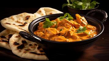 ai généré une l'eau à la bouche repas de beurre poulet curry avec Naan pain servi dans une céramique bol sur une en bois table photo