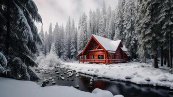 ai généré paisible cabine dans une neigeux paysage photo