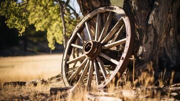 ai généré ancien wagon roue penche contre arbre en plein air photo