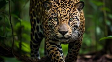 ai généré dense forêt tropicale et frappant jaguar dans la nature scène photo