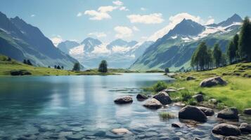 ai généré turquoise des eaux et éloigné alpin Lac dans la nature photo