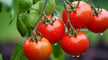 ai généré biologique tomates sur vigne prêt pour récolte photo