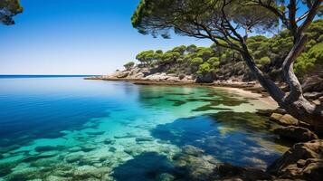 ai généré rocheux rive et calme l'eau dans une paisible côtier crique photo