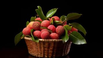 ai généré panier débordant avec succulent mûr litchis photo