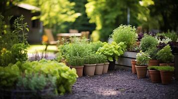 ai généré jardin avec soigneusement arrangé et diverse herbe les plantes photo