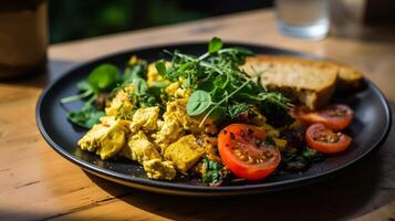 ai généré satisfaisant végétalien petit-déjeuner, mise en évidence Tofu brouiller photo