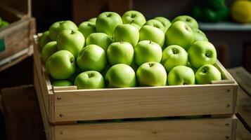 ai généré charmant afficher de Frais vert pommes dans une rustique Caisse photo