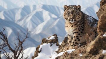 ai généré rare neige léopard dans montagneux terrain avec neige photo