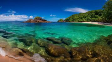 ai généré une paradis plage avec cristal clair des eaux une rare et incroyable vue à témoin photo