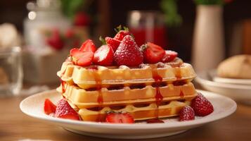 ai généré assiette de Belge gaufres avec Frais des fraises photo