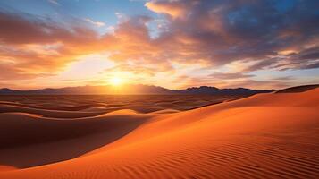 ai généré le chaud lueur de le coucher du soleil plus de le désert le sable dunes, montrant le courbes et textures de le le sable photo