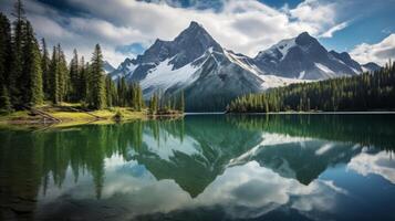 ai généré magnifique Lac avec imposant Montagne pics et lumière du soleil photo