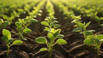 ai généré soigneusement planté Lignes de soja semis dans une prospère champ photo