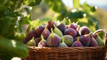 ai généré Frais figues dans une rustique panier sur une en bois table photo