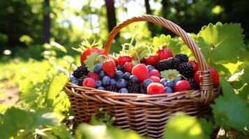 ai généré panier de Frais mixte baies dans une ensoleillé réglage photo