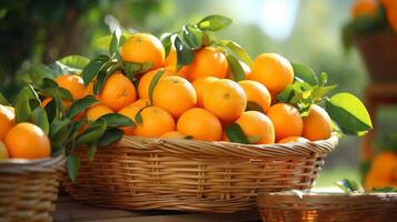 ai généré tissé panier débordant avec vibrant, parfumé mandarines photo