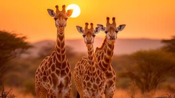 ai généré magnifique le coucher du soleil avec girafe famille silhouette photo
