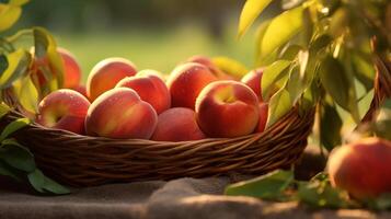 ai généré panier débordé avec mûr, savoureux nectarines photo