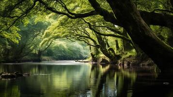 ai généré tranquille rivière en dessous de canopée de des arbres dans la nature photo