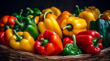 ai généré vibrant proche en haut mettant en valeur assorti cloche poivrons dans une rustique récipient photo