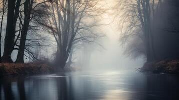 ai généré mystérieux rivière paysage dans le brouillard photo