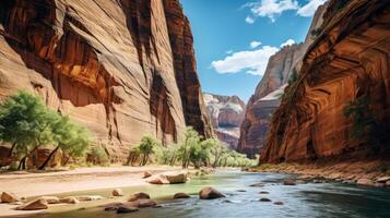 ai généré canyon paysage avec rivière et falaises photo