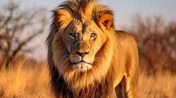 ai généré une Lion avec une royal expression et une épais crinière regards dans le caméra photo