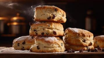 ai généré délicieux empiler de fraîchement cuit scones photo