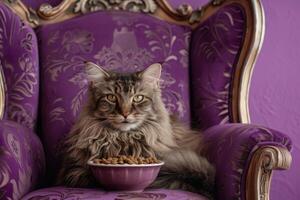 ai généré magnifique chat séance dans une victorien style chaise. a une bol de animal de compagnie aliments. photo