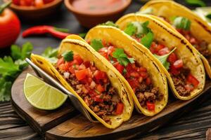 ai généré mexicain tacos avec du boeuf dans tomate sauce et salsa. photo