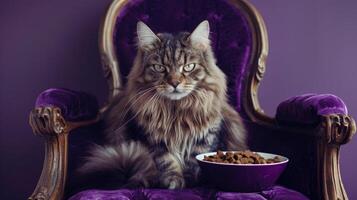 ai généré magnifique chat séance dans une victorien style chaise. a une bol de animal de compagnie aliments. photo