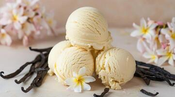 ai généré vanille la glace crème, vanille des haricots et vanille fleurs sur le tableau. photo