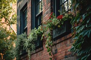 ai généré fenêtre des boites avec les plantes sur le côté de une brique bâtiment photo