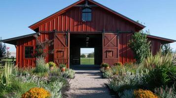 ai généré rouge Grange construit sur une ferme dans été avec des portes ouvert photo