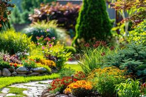 ai généré magnifique aménagement paysager avec magnifique les plantes et fleurs. photo