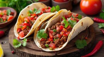 ai généré mexicain tacos avec du boeuf dans tomate sauce et salsa. photo