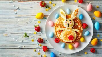 ai généré Pâques vacances enfants petit déjeuner crêpe dans le forme de un Pâques lapin avec baies et Pâques coloré des œufs sur une lumière en bois Contexte photo