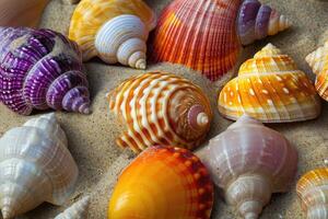 ai généré collection de divers coloré coquillages sur sable. photo