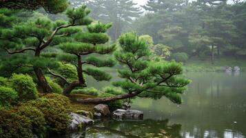 ai généré Japonais jardin pin des arbres dans printemps pluie. photo