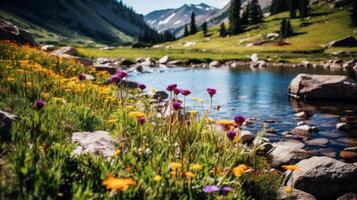 ai généré petit caché Lac avec vibrant fleurs sauvages dans scénique vue photo