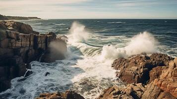 ai généré sauvage littoral avec vagues roulant sur le rochers photo