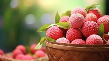 ai généré panier de litchi avec exotique toucher photo