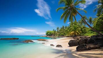 ai généré tropical plage paysage avec paume des arbres et turquoise mer et bleu ciel photo