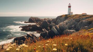 ai généré une charmant et romantique phare sur une rocheux rive avec une le coucher du soleil et une calme mer photo