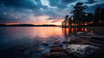 ai généré de mauvaise humeur Lac et le coucher du soleil dans la nature photo