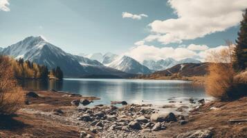 ai généré scénique Lac vue avec montagnes dans le Contexte photo