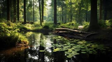 ai généré une calme étang entouré par une forêt avec une bleu ciel et des arbres réfléchi sur le l'eau photo